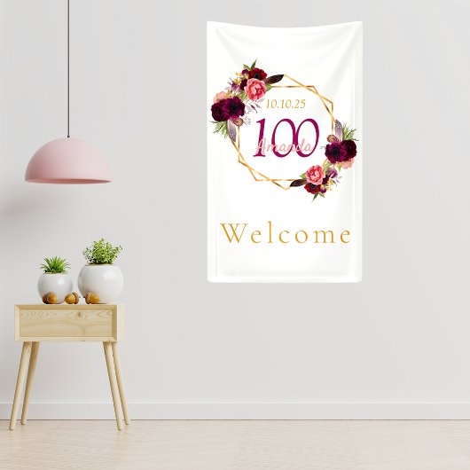 100. Geburtstag Blumenbordeauxrot Banner