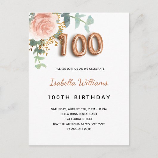 100. Geburtstag Blütenblättrige Rose Eukalyptus Bl Einladungspostkarte (Vorderseite)