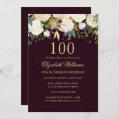 100. Geburtstag Burgund Gold Floral Einladung (Vorne/Hinten)