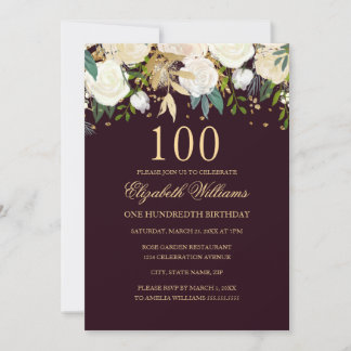 100. Geburtstag Burgund Gold Floral Einladung
