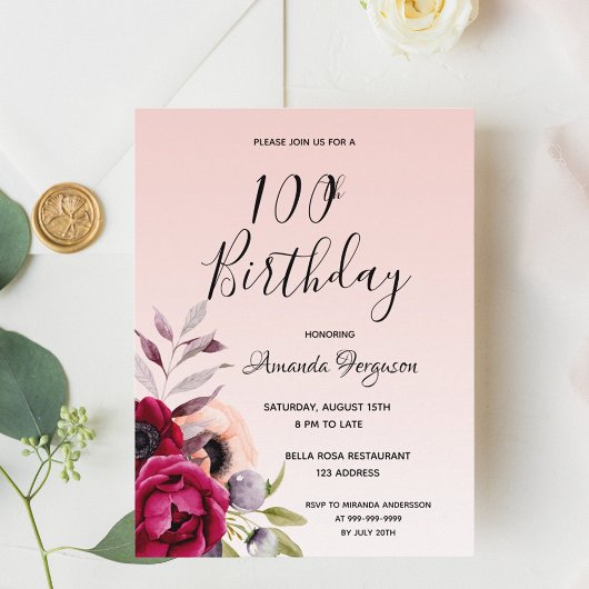 100. Geburtstag burgundy Rose Goldeinladung Postkarte