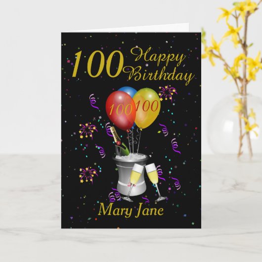 100. Geburtstag Champagner Black Gold Karte (Gelbe Blume)