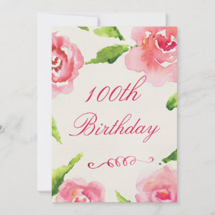 100. Geburtstag Chic Watercolor Rose Einladung