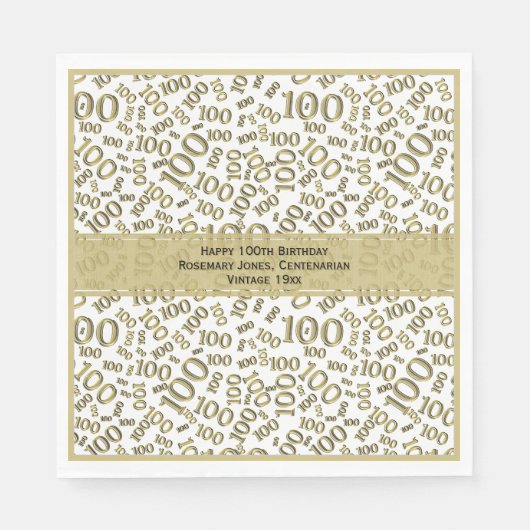 100. Geburtstag Cooles Zahlenmuster Gold/Weiß Serviette (Vorderseite)