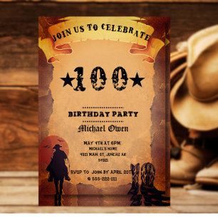 100. Geburtstag Cowboy alte Papierpferd Reitparty Einladung