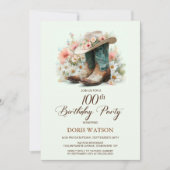 100. Geburtstag Cowgirl Stiefel und Hut Geburtstag Einladung (Vorderseite)