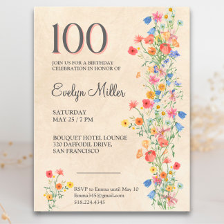 100. Geburtstag der Blume - Elegante Wildblumen Einladungspostkarte