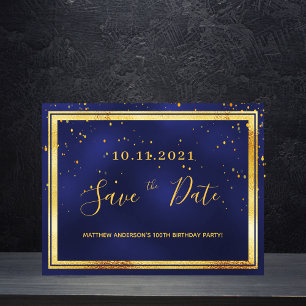 100. Geburtstag dunkelblaues Gold Save the Date Postkarte