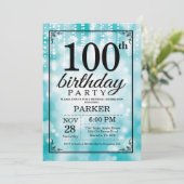 100. Geburtstag Einladung Aquamariner Glitzer (Stehend Vorderseite)