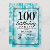 100. Geburtstag Einladung Aquamariner Glitzer (Vorne/Hinten)