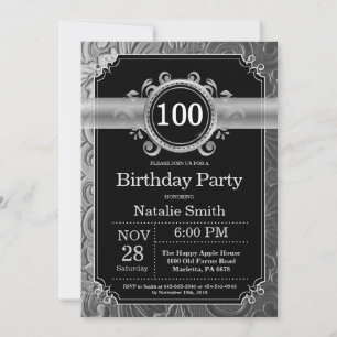 100. Geburtstag Einladung Black and Silver Glitzer