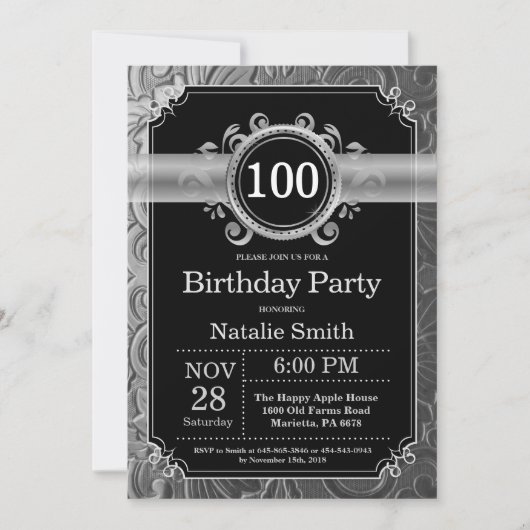 100. Geburtstag Einladung Black and Silver Glitzer (Vorderseite)