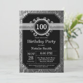 100. Geburtstag Einladung Black and Silver Glitzer (Stehend Vorderseite)