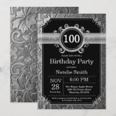 100. Geburtstag Einladung Black and Silver Glitzer (Vorne/Hinten)