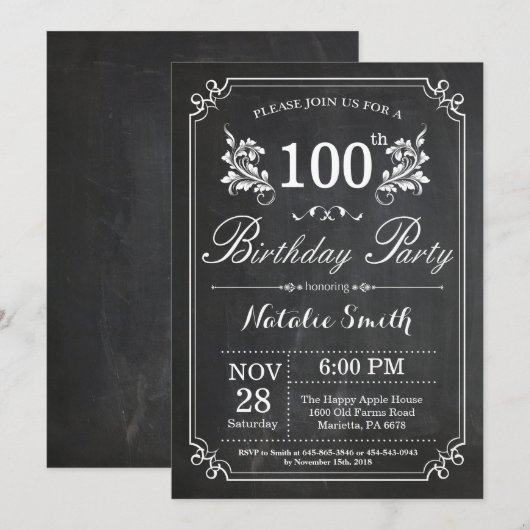 100. Geburtstag Einladung Blumenkhalkboard (Vorne/Hinten)