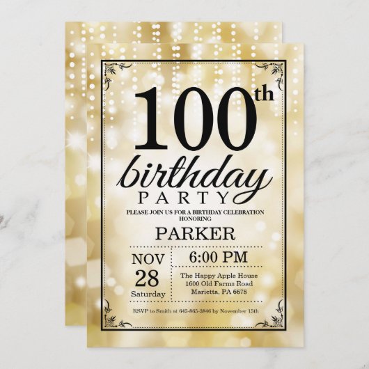 100. Geburtstag Einladung Gold Glitzer (Vorne/Hinten)