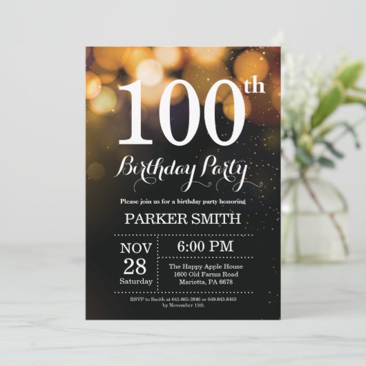 100. Geburtstag Einladung Gold Glitzer (Stehend Vorderseite)
