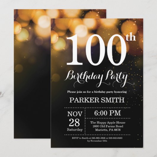 100. Geburtstag Einladung Gold Glitzer (Vorne/Hinten)