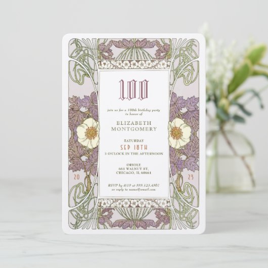 100. Geburtstag Einladung Jugendstil von Mucha (Stehend Vorderseite)