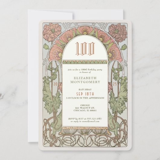 100. Geburtstag Einladung Jugendstil von Mucha (Vorderseite)