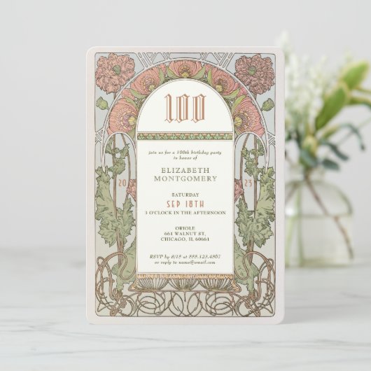 100. Geburtstag Einladung Jugendstil von Mucha (Stehend Vorderseite)