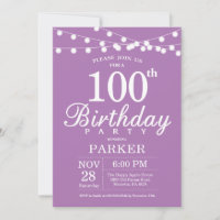 100. Geburtstag Einladung Lila Lavender Lilac