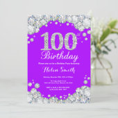 100. Geburtstag Einladung Lila Silver Diamond (Stehend Vorderseite)