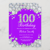100. Geburtstag Einladung Lila Silver Diamond (Vorne/Hinten)