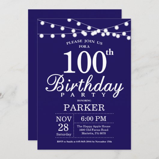 100. Geburtstag Einladung Navy Blue (Vorne/Hinten)