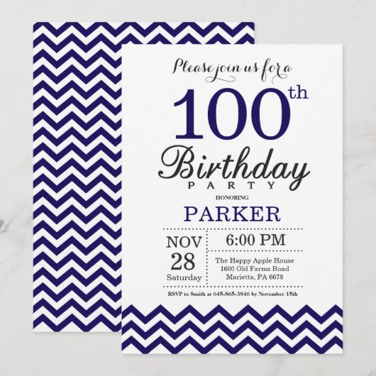 100. Geburtstag Einladung Navy Blue Zickzack (Vorne/Hinten)