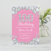 100. Geburtstag Einladung Pink und Silver Diamond (Stehend Vorderseite)