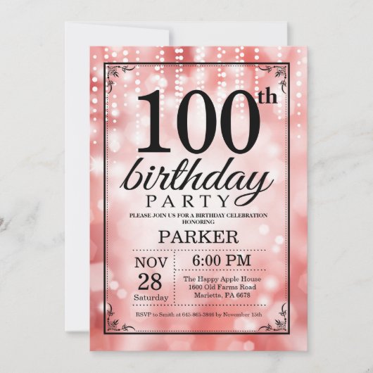 100. Geburtstag Einladung Roter Glitzer (Vorderseite)