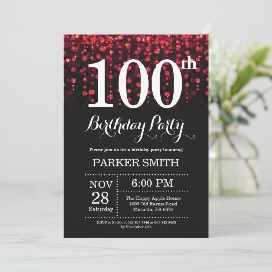 100. Geburtstag Einladung Roter Glitzer (Stehend Vorderseite)