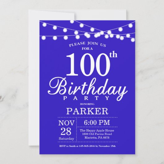 100. Geburtstag Einladung Royal Blue (Vorderseite)