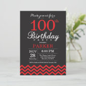 100. Geburtstag Einladung Schwarz und Rot (Stehend Vorderseite)
