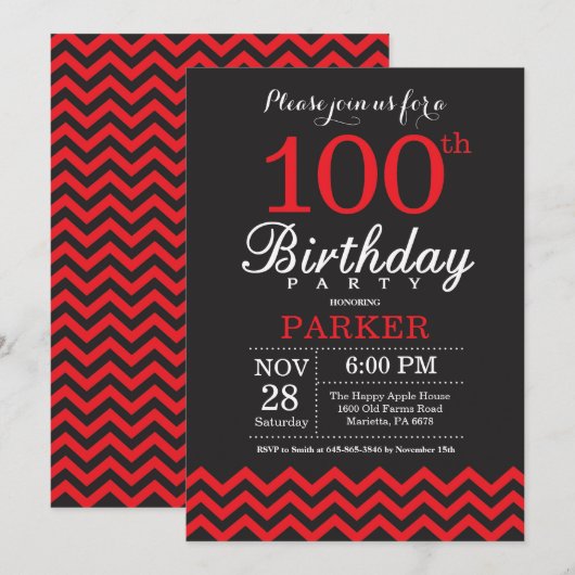 100. Geburtstag Einladung Schwarz und Rot (Vorne/Hinten)