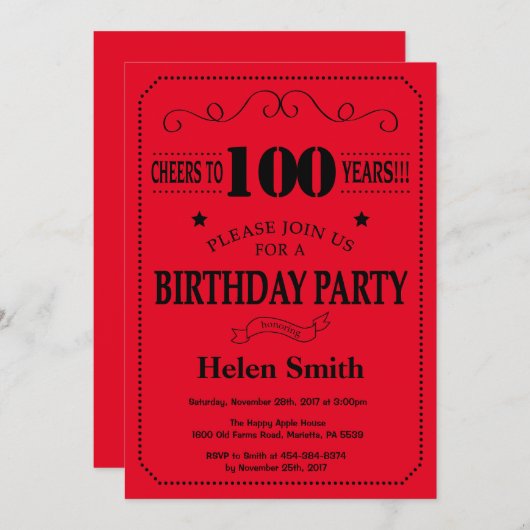 100. Geburtstag Einladung Schwarz und Rot (Vorne/Hinten)