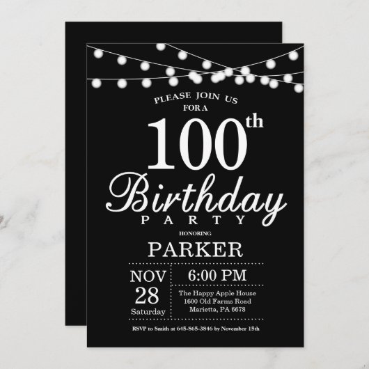 100. Geburtstag Einladung Schwarz und Weiß (Vorne/Hinten)