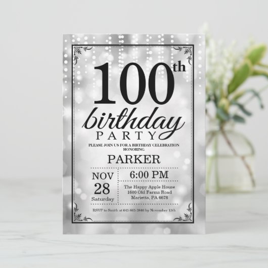100. Geburtstag Einladung Silberner Glitzer (Stehend Vorderseite)