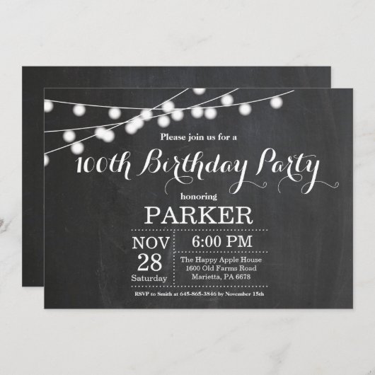 100. Geburtstag Einladungs-Chalkboard Einladung (Vorne/Hinten)