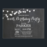 100. Geburtstag Einladungs-Chalkboard Einladung<br><div class="desc">100. Geburtstag Einladung mit String Lights Chalkboard Hintergrund. 13. 15. 16. 18. 21. 30. 40. 50. 60. 70. 80. 90. 100. Jedes Alter. Für weitere Anpassungen klicken Sie bitte auf die Schaltfläche "Anpassen" und verwenden Sie unser Designwerkzeug,  um diese Vorlage zu ändern.</div>