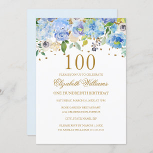 100. Geburtstag Elegant Blue Gold Floral Einladung