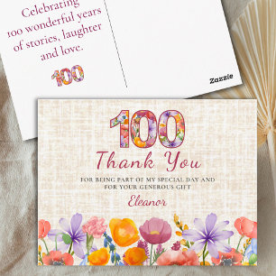 100. Geburtstag - Elegante Florale Zahl 100 Danke Postkarte