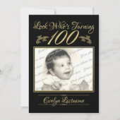 100 Geburtstag Elegantes Foto Gold und Schwarz Einladung (Vorderseite)