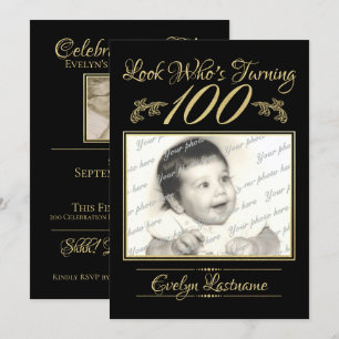 100 Geburtstag Elegantes Foto Gold und Schwarz Einladung