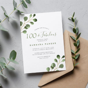 100. Geburtstag Eukalyptus einfache elegante Party Einladung