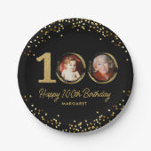 100. Geburtstag Foto Eleganter Schwarzer Glitzer Pappteller (Vorderseite)