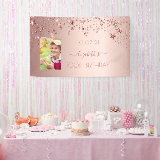 100. Geburtstag Foto Rose Gold Rosa Glitterstars Banner (Party)