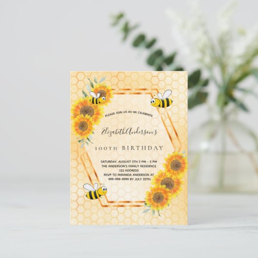 100. Geburtstag gelbe rustikale Sonnenblumen Einla Postkarte (Stehend Vorderseite)