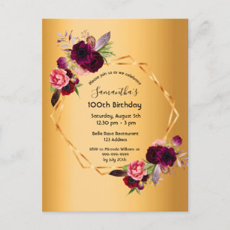 100. Geburtstag Gold bordeauxrot florals Einladung Postkarte